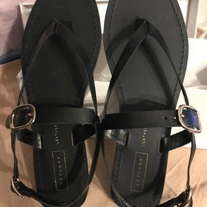 Ladies Black Leather Sandals, Size 8.5